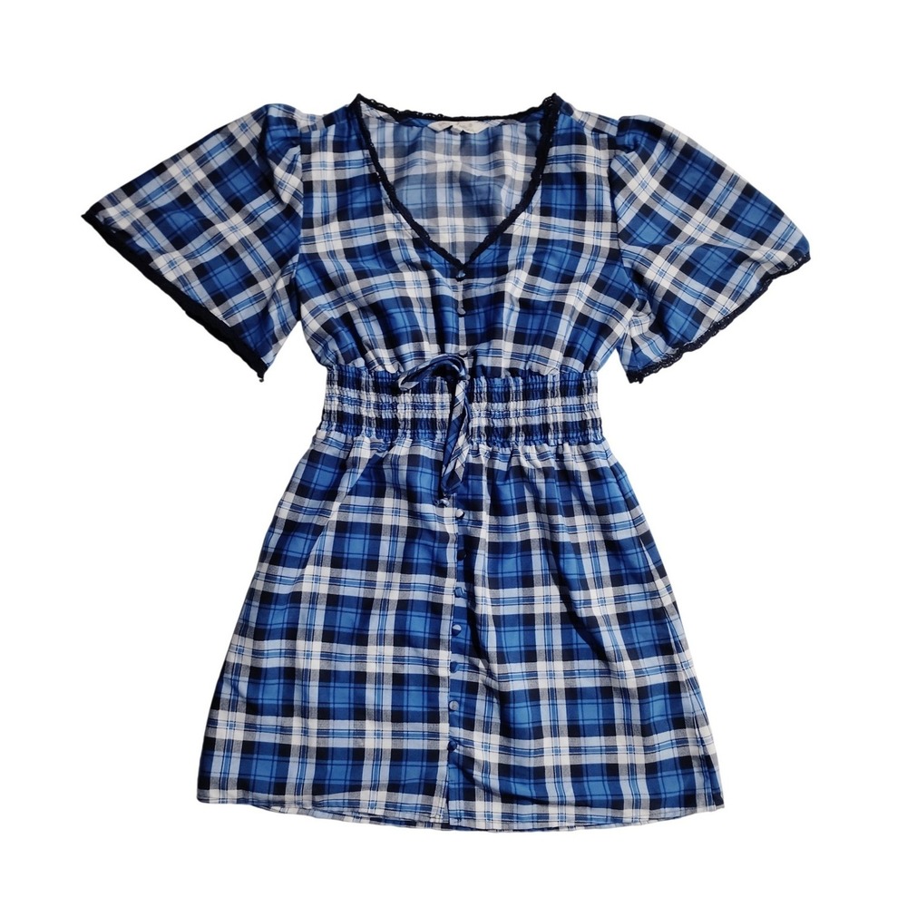 Inner Logue Blue Plaid Smocked Waist Button Front Mini Dress Womens Size Small‎